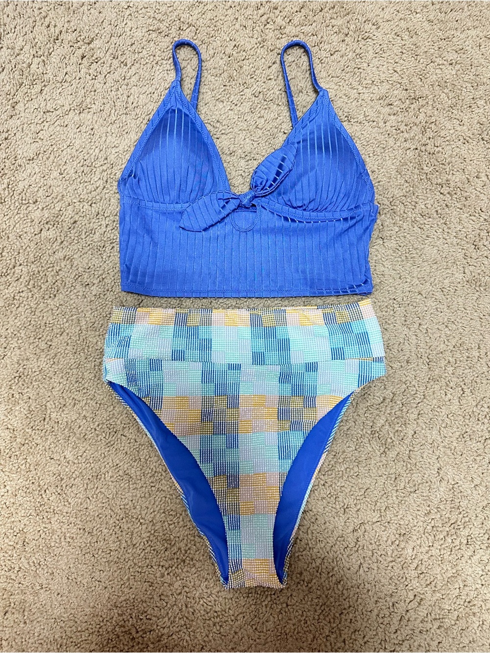 aerie Blue Ribbed Bralette Bikini Top with Multicolor High-Waist cheeky Bottom
